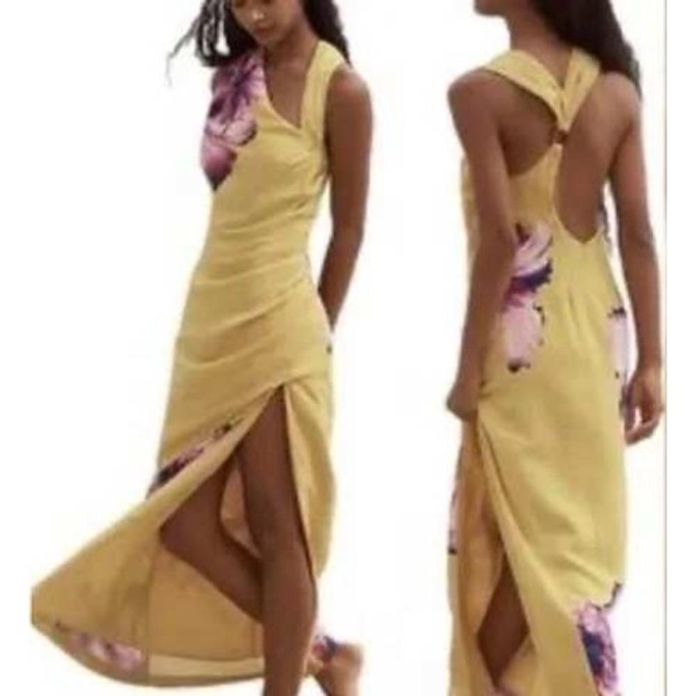 Anthropologie Women Maxi Dress M Yellow Floral One Shoulder Linen OB2057433
